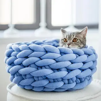 Круглая спальная кровать для домашних животных, мягкая дышащая теплая вязаная шерстяная подушка для кошачьего домика высокой плотности, товары для домашних животных