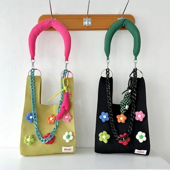 Милая красочная вязаная сумка в цветочек, сумка-тоут, простая вязаная шерстяная сумка, Корейская сумка-ведро, сумка через плечо.