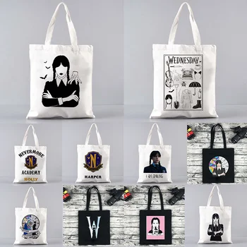 Экосумки Nevermore Academy Wednesday Addams для женщин, хозяйственная сумка, женская экосумка, большая холщовая сумка, многоразовая хозяйственная сумка