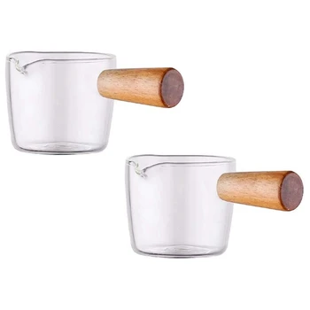10 шт. Прозрачный стеклянный сливочник с деревянной ручкой, мини-кувшин для приготовления кофейного молока. 100 мл