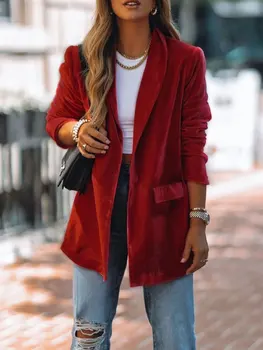 2023 Осенне-Зимний Бархатный Блейзер Женский Длинный Блейзер Женская куртка Пальто Красный Велюровый Блейзер для Женщин Куртки для женщин