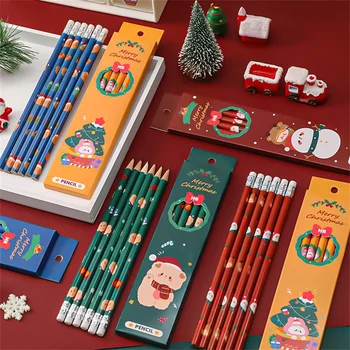 6 шт./лот Рождественские Карандаши в штучной упаковке, Набор ручек для рисования, деревянный HB с резиновыми канцелярскими принадлежностями