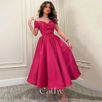 Cathy Elegantly Pink Slim - Элегантное платье для выпускного вечера из Тафты Трапециевидной формы с открытыми плечами, Vestidos De Noche 2023