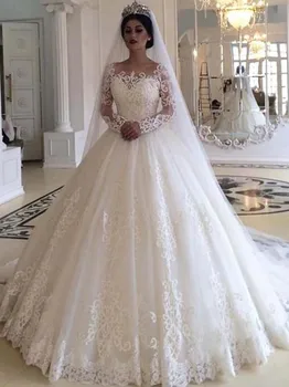 Fansmile Vestido De Noiva Кружевные бальные платья Свадебные платья 2023 года со шлейфом Плюс размер Свадебный тюль Mariage FSM-311T