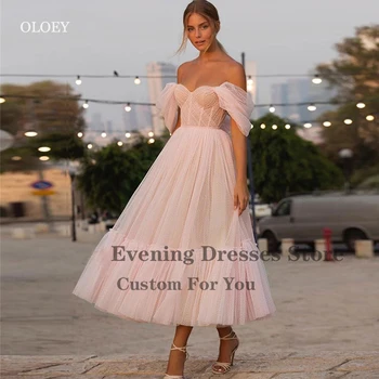OLOEY Simple, платье для выпускного из розового тюля в горошек, вечерние платья трапециевидной формы длиной до чайной