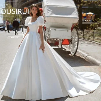 OUSIRUI, платье на бретелях, церковный шлейф, простое свадебное платье, свадебное платье, бальное платье, квадратный воротник, короткий рукав, пышное современное платье