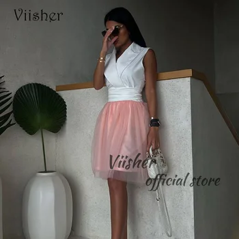 Viisher Белые розовые короткие платья для выпускного вечера, наряды с V-образным вырезом без рукавов, шикарное вечернее платье для женщин, вечерние платья выше колена