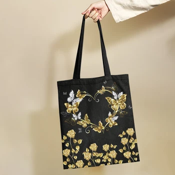 Yikeluo Золотая Бабочка Цветочная Женская Экологичная Хозяйственная Сумка Большой Емкости, Продуктовая сумка, Повседневная Сумка Через плечо Для девочек