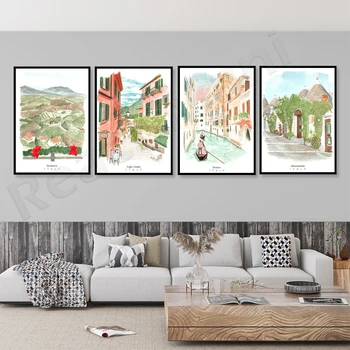 Акварельный туристический плакат с изображением Альберобелло, Апулии, вершины горы Рио-Немонти, озера Комо, Венеции, моста Риальто, гондолы, Италия