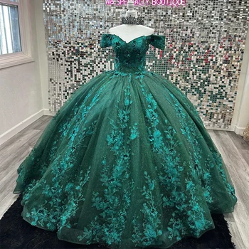 Бальное платье Angelsbridep для девочек 15 лет, Пышные платья, Роскошное изумрудно-зеленое Вечернее платье принцессы с открытыми плечами, аппликации