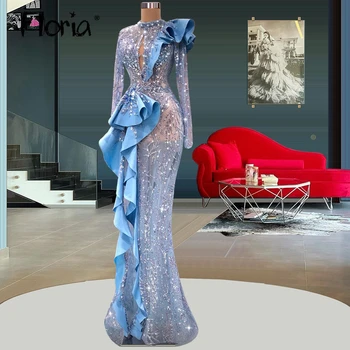 Блестящее голубое вечернее платье Русалки в Дубае с длинным рукавом и пайетками, вечерние платья для выпускного вечера, женские платья знаменитостей с Ближнего Востока, большие размеры