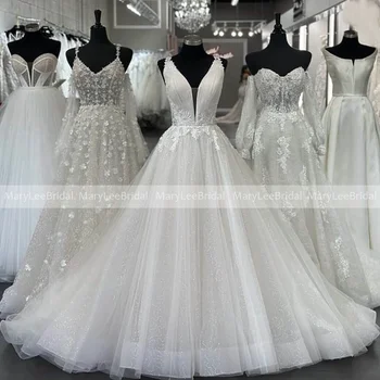 Блестящее свадебное платье принцессы трапециевидной формы с глубоким V-образным вырезом и аппликациями, свадебные платья на заказ, платья невесты без рукавов