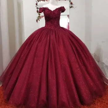 Блестящие бордовые пышные платья с модной аппликацией из тюля, вечерние платья принцессы на 15 дней рождения, горячая распродажа