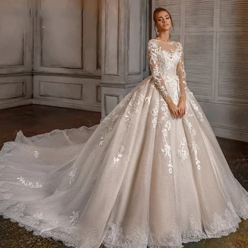 Великолепное свадебное платье А-образной формы, женские элегантные свадебные платья с кружевной аппликацией с длинным рукавом 2023, Vestidos De Novia Robe Mariée