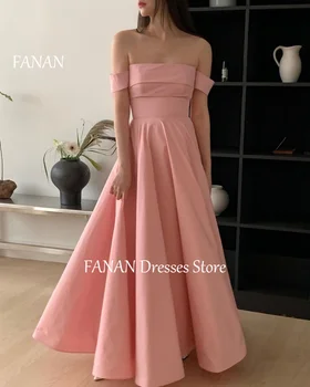 Вечерние платья трапециевидной формы с открытыми плечами, Розовые Корейские атласные Простые Элегантные женские вечерние платья для выпускного вечера