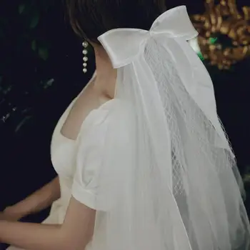 Двухслойная фата невесты с винтажным бантом из серии Sen для путешествий, легкая газовая короткая свадебная фата, Маленький головной убор, Свадьба