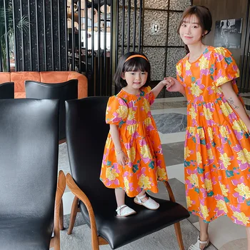 Летние платья из высококачественного 95% хлопка для мамы и дочки, платье принцессы с пышными рукавами для мамы и дочки, Детская семейная одежда