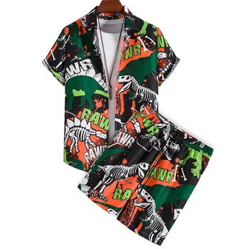 Мужская Забавная рубашка со скелетом динозавра и буквенным принтом, Комплект шорт в пляжном стиле для отдыха, Летние гавайские наряды из 2 предметов