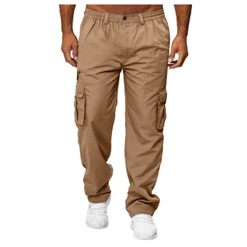 Мужские Новые модные эластичные брюки для поездок на работу со средней талией на пуговицах и молнии, однотонные Тонкие Прямые повседневные брюки-карго
