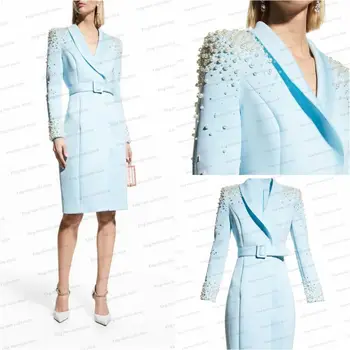 Небесно-голубой жемчуг, женский костюм, цельнокроеная куртка, сшитый на заказ Длинный блейзер с поясом, официальное офисное женское платье для выпускного вечера, пальто