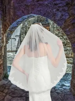 Новая фата невесты, 1-слойная Фата с французским кружевным краем, Короткий Локоть, Металлическая расческа для волос, Свадебная фата невесты