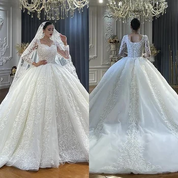 Очаровательное свадебное платье с блестящей аппликацией, кружевные свадебные бальные платья с длинными рукавами на заказ Vestido De Novia