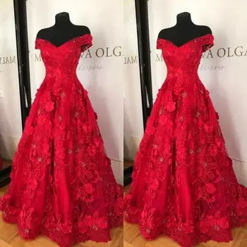 Очаровательные красные кружевные вечерние платья с открытыми плечами, цветочные 3D аппликации, Арабские вечерние платья из Дубая, вечернее платье большого размера