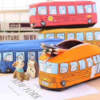 Пенал Большой емкости Холщовая сумка для карандашей Милый Мультяшный автобус Детская школьная коробка для ручек Школьные Корейские канцелярские принадлежности Сумка для хранения принадлежностей
