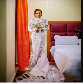 Потрясающие свадебные платья с кружевными аппликациями с высоким вырезом и шлейфом 2023 Vestidos De Novia, Свадебные платья с длинными рукавами