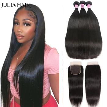 Пучки прямых волос Julia Hair с застежкой 4x4, пучки бразильского плетения, 4 шт. натуральных человеческих волос, 3 пучка с застежкой
