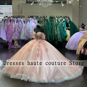 Розовые Пышные платья с открытыми плечами, Бальное платье 2023, Кружевное платье Sweet 15, платье для вечеринки по случаю Дня рождения, Vestidos De 15 Años