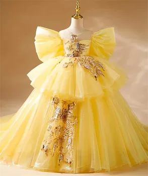 Роскошное платье принцессы для девочек-цветочниц с цветочной вышивкой и длинным шлейфом, ведущее шоу, представление для детей-подростков