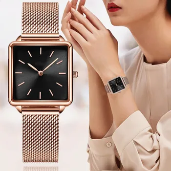 Роскошные брендовые женские часы, простые квадратные металлические кварцевые наручные часы, Модные Элегантные Женские часы из розового золота, подарок reloj mujer