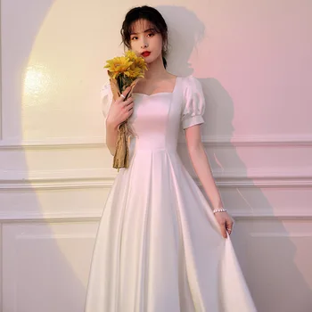 Свадебное платье Sweet Memory A108 с коротким пышным рукавом, Атласное белое платье для выпускного вечера, платье для дня рождения, платья для выпускного вечера с квадратным воротником
