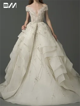 Свадебное платье трапециевидной формы с рукавами-капельками, расшитое бисером, Многоуровневое кружевное платье с цветочными аппликациями, бальное платье для свадьбы, платья невесты, свадебное платье на заказ