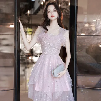 Сверкающее розовое вечернее платье, Милое платье-спагетти с перьями, платье для торта неправильной формы, вечернее платье, Тюлевая иллюзия, Длинное пышное платье