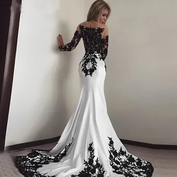 Черно-белые свадебные платья Русалки с длинными рукавами, Кружевные аппликации, платья для невесты с открытой спиной и шлейфом, Vestidos De Noiva