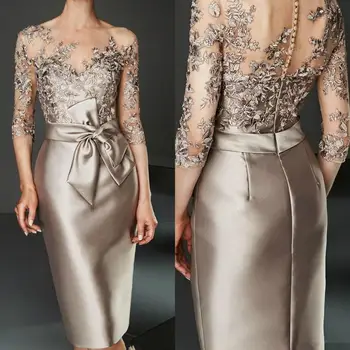 Шампанское 2020 Платья для матери невесты длиной до колен, Атласное кружевное платье для матери жениха с аппликацией для свадьбы, Арабское вечернее платье
