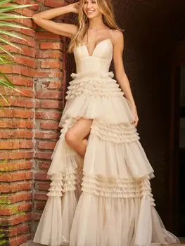 Элегантное вечернее платье на бретелях Spaghttiплатья принцессы для выпускного вечера с многоуровневыми оборками Vestidos De Noche с разрезом спереди
