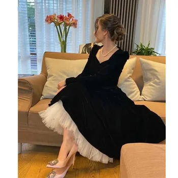 Элегантные вечерние платья из черного велюра с длинными рукавами, вечернее платье трапециевидной формы с квадратным воротником, вечернее платье для выпускного вечера 2023 года, большие размеры