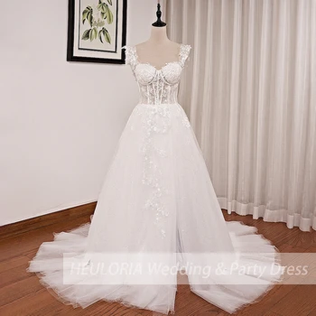 свадебное платье с кружевной аппликацией и открытыми плечами, Трапециевидное платье с высоким разрезом и длинным шлейфом, элегантное свадебное платье принцессы, свадебное платье Robe De Mariee